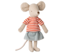 The PRE-ORDER Maileg Mouse with Striped Shirt - Big Sister features a simple, cute design with a red striped t-shirt, blue denim skirt, stitched facial features, large round ears, and fun magnets in her hands. Ships late February.