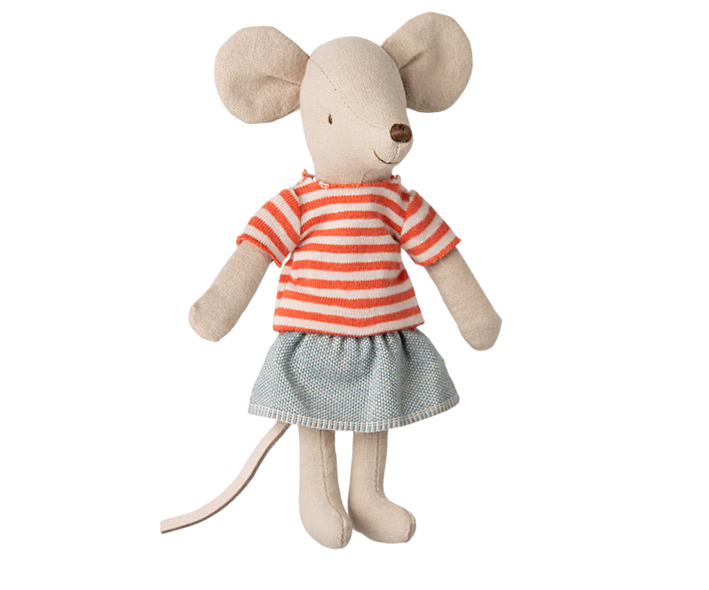 The PRE-ORDER Maileg Mouse with Striped Shirt - Big Sister features a simple, cute design with a red striped t-shirt, blue denim skirt, stitched facial features, large round ears, and fun magnets in her hands. Ships late February.