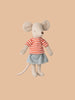 The PRE-ORDER: Maileg Mouse With Striped Shirt - Big Sister, sporting a red striped t-shirt and denim skirt, is shown against a neutral beige background with magnets in her hands for playful interactions. Ships late February.