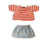 The PRE-ORDER Maileg Knitted Sweater and Skirt for Big Sister Mouse includes a charming red and white striped short-sleeve top paired with a blue textured skirt, displayed against a neutral background. Ships late February.