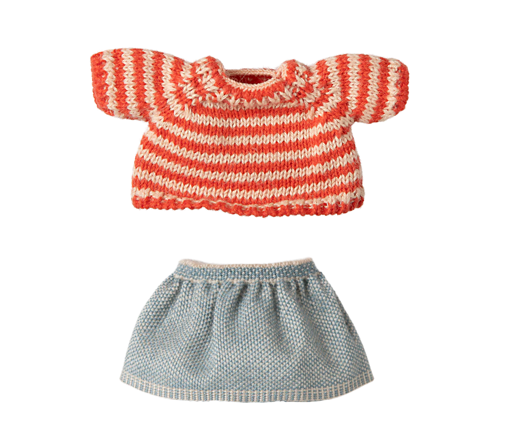 The PRE-ORDER Maileg Knitted Sweater and Skirt for Big Sister Mouse includes a charming red and white striped short-sleeve top paired with a blue textured skirt, displayed against a neutral background. Ships late February.