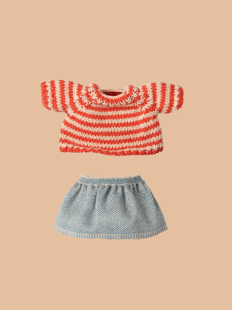 The Maileg Easter Egg with Lamb & Extra Clothing features a red and white striped sweater and a light blue skirt, perfect for Easter gifting—displayed together on a simple beige background.