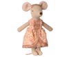 PRE-ORDER: Maileg Princess and The Pea, Big Sister Mouse features a plush toy mouse in a pink patterned dress and glittery headband, with a soft fabric texture. Estimated ship date is mid November.