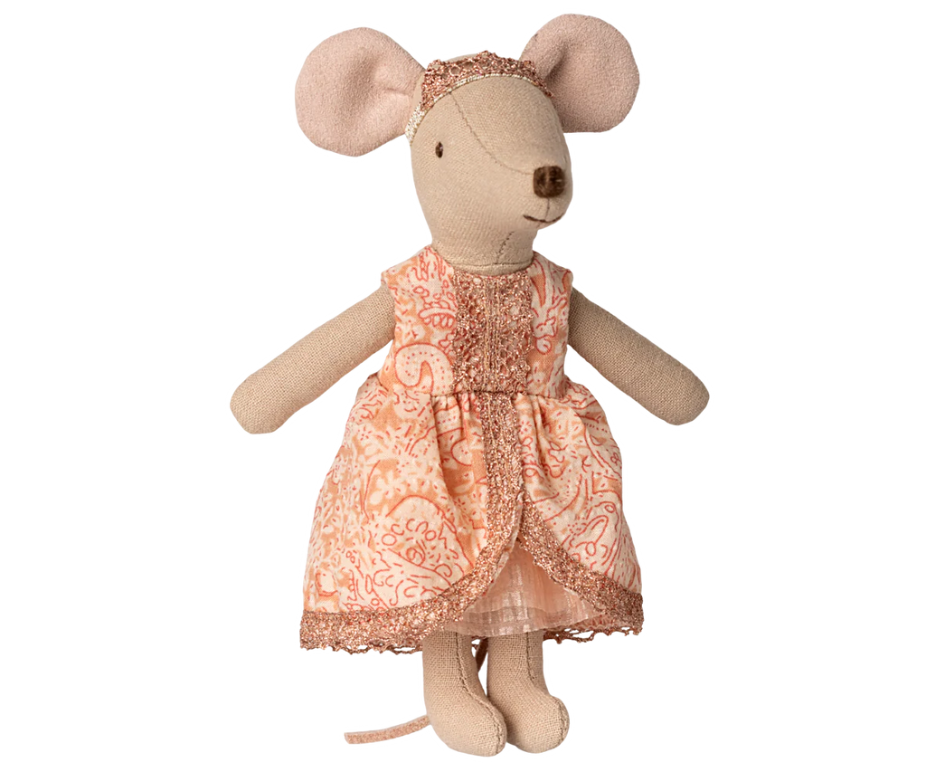 PRE-ORDER: Maileg Princess and The Pea, Big Sister Mouse features a plush toy mouse in a pink patterned dress and glittery headband, with a soft fabric texture. Estimated ship date is mid November.