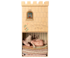 The PRE-ORDER Maileg Princess and The Pea Big Sister Mouse features a princess mouse in pink atop patterned mattresses in a castle box—an enchanting playset for fairy tale fans. Estimated ship date: mid November.