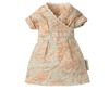 A small, light blue dress with orange floral and bird patterns, lace-trimmed wrap neckline, and short sleeves evokes a classic Maileg Mum Mouse style.