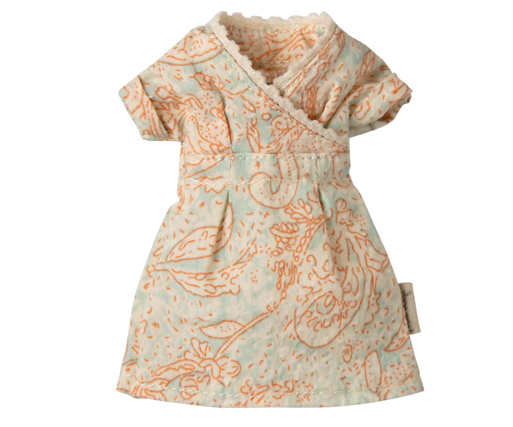 A small, light blue dress with orange floral and bird patterns, lace-trimmed wrap neckline, and short sleeves evokes a classic Maileg Mum Mouse style.