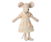 Maileg's Mum Mouse, available for pre-order and shipping in late February, stands upright in a charming light-patterned dress. This classic toy features large pink ears, a long tail, and wears a soft pastel floral design, enhancing its friendly and endearing appeal.