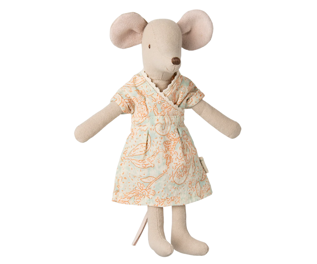 Maileg's Mum Mouse, available for pre-order and shipping in late February, stands upright in a charming light-patterned dress. This classic toy features large pink ears, a long tail, and wears a soft pastel floral design, enhancing its friendly and endearing appeal.