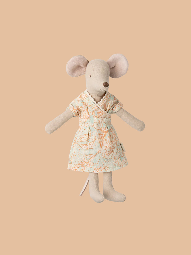 The PRE-ORDER Maileg Mum Mouse, shipping late February, wears a light blue dress with orange floral patterns and is set against a plain beige background. She features rounded ears, a stitched nose, and an embroidered smile.