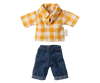 The PRE-ORDER: Maileg Dad Mouse With Yellow Shirt set, shipping late February, includes a checked yellow and white short-sleeved shirt with a collar and blue denim shorts featuring an elastic waistband—ideal for a Dad mouse or teddy bear.