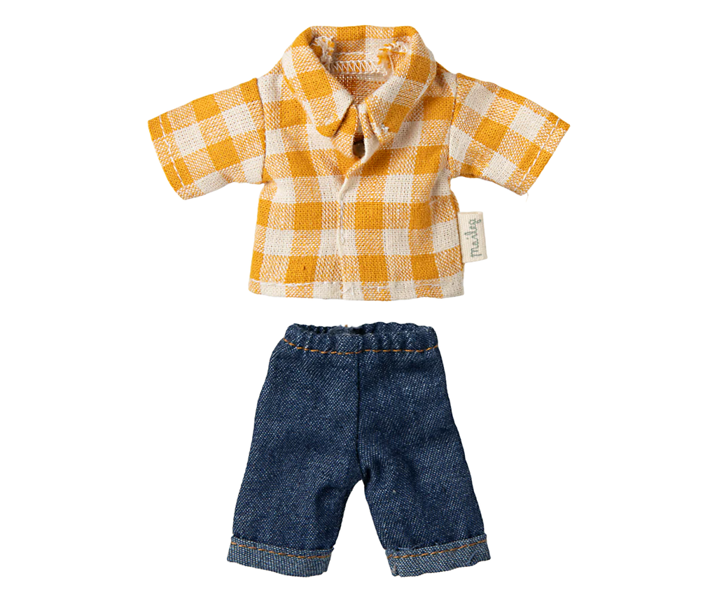 The PRE-ORDER: Maileg Dad Mouse With Yellow Shirt set, shipping late February, includes a checked yellow and white short-sleeved shirt with a collar and blue denim shorts featuring an elastic waistband—ideal for a Dad mouse or teddy bear.