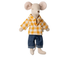 The PRE-ORDER Maileg Dad Mouse, dressed in a yellow and white checked shirt and denim pants, stands upright with large ears and a small tail, offering a charming and playful look. Ships late February.