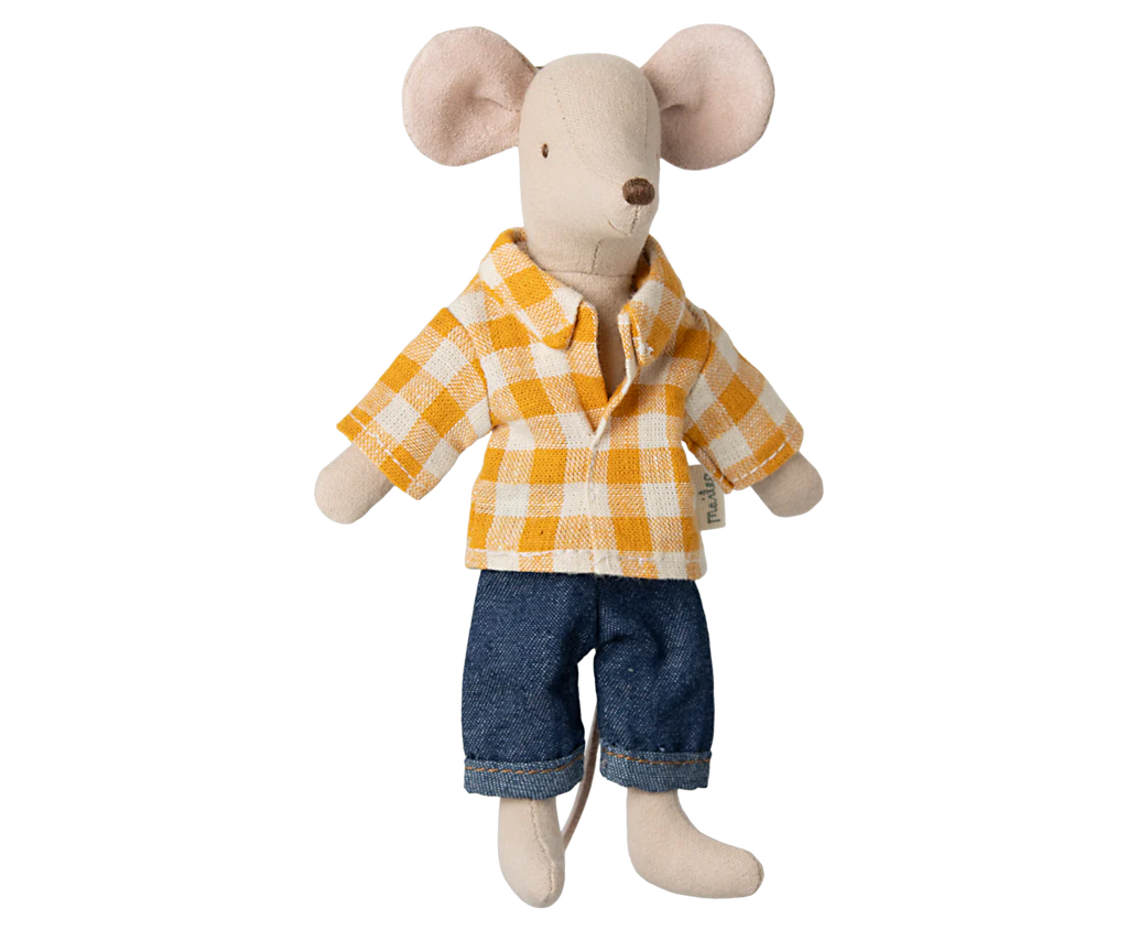 The PRE-ORDER Maileg Dad Mouse, dressed in a yellow and white checked shirt and denim pants, stands upright with large ears and a small tail, offering a charming and playful look. Ships late February.