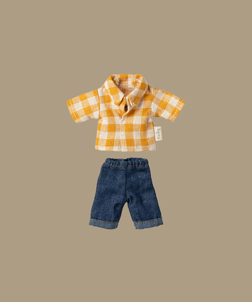 A beige backdrop highlights Maileg's Yellow Checked Shirt and Dark Blue Pants for Dad Mouse, featuring a charming pattern and a small side tag. Ships in one week.