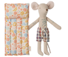 Maileg Beach Mouse with Air Mattress - Dad features a cute dad mouse in plaid shorts, seated beside a bright floral air mattress with orange trim—an adorable summer set displayed on a plain white background.