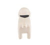 A small, minimalist handmade tiny wooden animal - white dachshund dog viewed from the front. The figurine is off-white with a simple, cartoonish appearance, including a black stripe across the eyes. Handcrafted by skilled artisans, it lacks detail, emphasizing a smooth and rounded design.