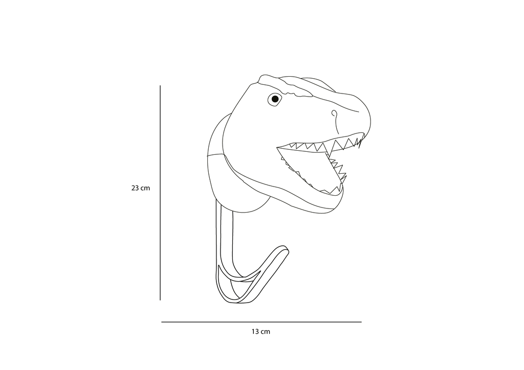 The Coat Hanger - T-Rex Dino features a line drawing of a dinosaur head with an open mouth and measures 23 cm tall by 13 cm wide.