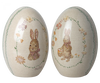 The Maileg Easter Egg - Set of Two (Pink) features intricately decorated metal eggs with rabbit images, one holding a basket. Adorned with Dorthe Mailil's pastel floral patterns, these Easter eggs offer an enchanting visual delight. Ships in about one week.