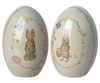 The Maileg Easter Egg set includes two metal eggs with vintage-style Dorthe Mailil illustrations. One features a rabbit in a scarf amid flowers, the other with a basket, on textured beige backgrounds. These charming pieces ship in approximately one week and make perfect decorations!.