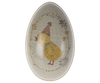 Oval-shaped Maileg Easter Egg featuring a yellow chick wearing a pink party hat, surrounded by stitched flowers and leaves on a cream background, inspired by Dorthe Mailil embroidery.