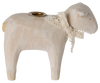 The PRE-ORDER: Maileg Wooden Candle holder - Off White Lamb is a handmade wooden sheep figurine with a lace ribbon and a small round candleholder on its back, featuring a light natural finish, ideal for your Easter table decor. Ships late January.