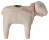 The PRE-ORDER: Maileg Wooden Candle holder - Rose Lamb, with its sheep shape and pink lace ribbon, adds charm to your Easter table. It features simple carving and a round candle holder on its back. Ships late January.