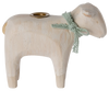 The PRE-ORDER Maileg Wooden Candle holder - Mint Lamb, shipping in late January, is a handmade wooden sheep figurine. It features a small brass-colored candleholder on its back and is adorned with a light green ribbon, bringing rustic charm to your Easter table centerpiece.