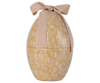 The PRE-ORDER Maileg Easter Egg in cream yellow, shipping in February, features a beautiful floral print in soft beige and white tones with a textured pink ribbon on top. This exclusive piece adds charm to your seasonal decor.