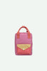 The Sticky Lemon Backpack Small - Envelope - Rosebay Pink is a compact pink backpack with orange handles and a front pocket adorned with a yellow flap and red checkered fabric, set against a plain white background. Made from recycled PET bag materials and featuring adjustable shoulder straps, it’s perfect for little ones on the go. Ships in a week.