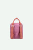 A Sticky Lemon Backpack Small - Envelope - Rosebay Pink, crafted from recycled PET bag materials with peach adjustable shoulder straps and a matching top handle, photographed against a plain light background.