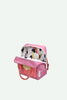 A Sticky Lemon Backpack Small - Envelope in Rosebay Pink with brown handles, made from recycled PET. The bag features an open zipper that reveals a patterned interior with black and white shapes, and a yellow and white card peeking out of the front mesh pocket.