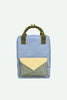 A medium-sized Sticky Lemon backpack in cloud blue, made from recycled PET bottles, featuring olive green handles and a front pocket with a yellow envelope-style flap and checkered pattern.