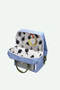 A Sticky Lemon Backpack Medium | Envelope | Cloud Blue features a light blue design with green handles and unzips to reveal a white interior lining decorated with a black leaf pattern and a small yellow tag on the inside pocket. This waterproof kids backpack—crafted from recycled PET—combines style, functionality, and sustainability.