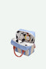 The Sticky Lemon Backpack Small | Stripes | Cloud Blue + Twiggy Beige is a small recycled PET bag with blue and beige stripes, red handles, a white waterproof lining with black leaves, and a yellow tag inside.