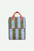 The Sticky Lemon Backpack Large | Stripes | Tickling Grass + Cloud Blue, crafted from recycled PET bottles with vertical blue and olive green stripes, coral handles, red piping, and adjustable shoulder straps, is displayed on a light gray background.