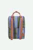 A Sticky Lemon Backpack Large | Stripes | Tickling Grass + Cloud Blue is displayed against a light background, viewed from the back. Featuring wide vertical green and light blue stripes, orange straps, and a top handle, this waterproof backpack made from recycled PET offers adjustable shoulder straps for comfort and versatility.