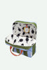 The Sticky Lemon Backpack Large | Stripes | Tickling Grass + Cloud Blue features a handle, blue and green stripes on the exterior, and a white interior decorated with black leaf patterns. Made from recycled PET bottles, this backpack includes a yellow tag attached inside.
