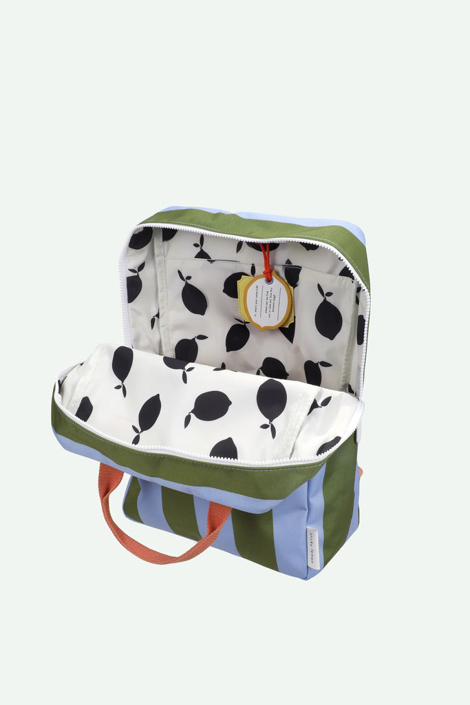 The Sticky Lemon Backpack Large | Stripes | Tickling Grass + Cloud Blue features a handle, blue and green stripes on the exterior, and a white interior decorated with black leaf patterns. Made from recycled PET bottles, this backpack includes a yellow tag attached inside.