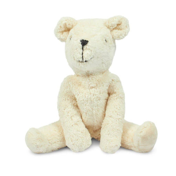 A soft, cream-colored Senger Naturwelt Stuffed Animal - White Bear with black-stitched nose and mouth sits upright, legs apart and arms at its sides—a sustainable plush bear shown on a white background.