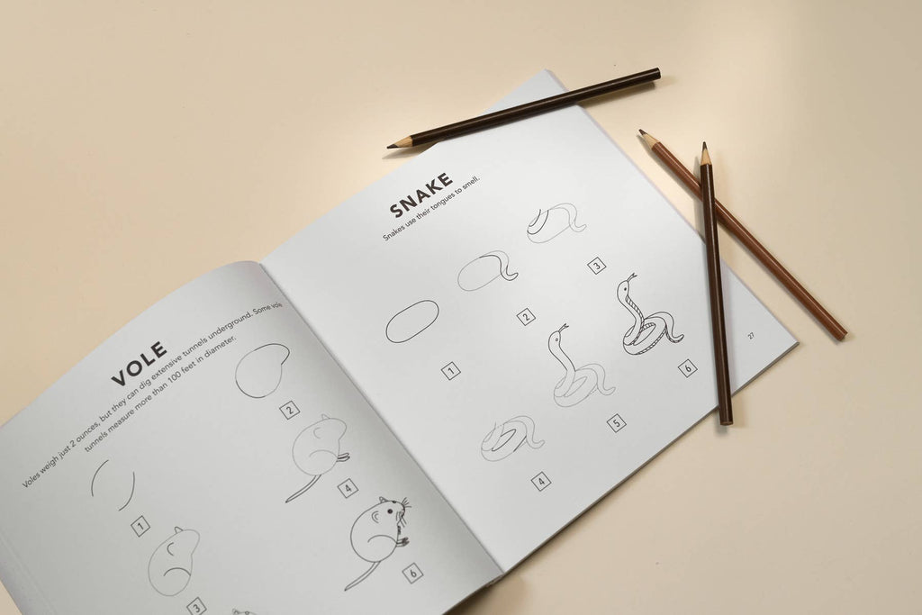 Mushrooms & Woodland Creatures: A Kids Drawing Book is open to step-by-step guides for drawing a vole and snake, with three colored pencils beside it on a cream surface—perfect for homeschool art lessons.