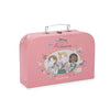 Pink Moulin Roty Metal Tea Party Suitcase Set - The Parisiennes decorated with illustrations of three girls and floral tea party motifs for a metal tea set.