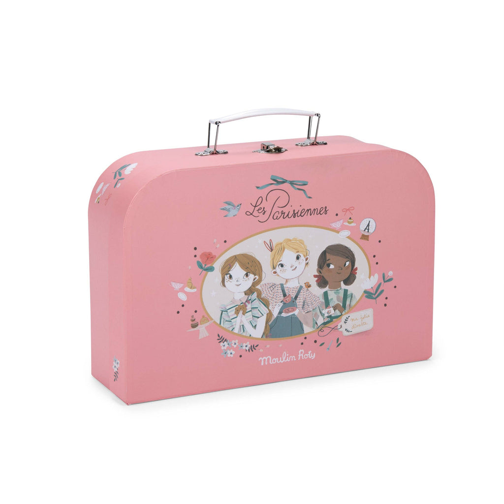 Pink Moulin Roty Metal Tea Party Suitcase Set - The Parisiennes decorated with illustrations of three girls and floral tea party motifs for a metal tea set.