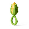 The Corn Rattle Toy Rattle is a yellow and green, corn-shaped sensory teething toy featuring a corn cob top and a looped handle at the base for easy gripping.