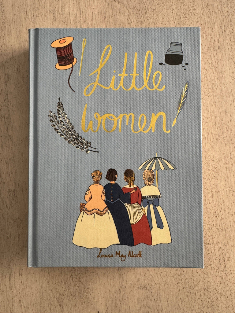 Cover of "Little Women" by Alcott in the Collector's Edition hardcover features a blue-gray background with a yellow cursive title, plus illustrations of a spool of thread, ink pot, quill, and four women in 19th-century attire.