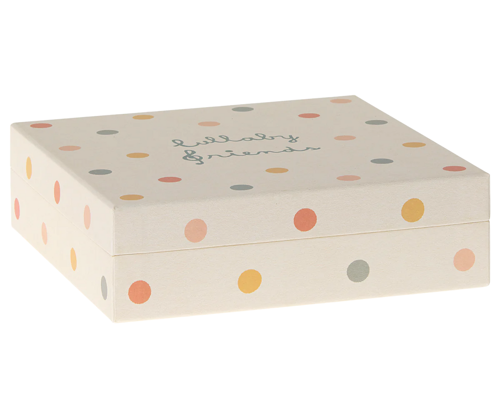 The Maileg Lullaby Friends Mobile comes in a cream square gift box with pastel polka dots and "lullaby friends" in cursive on the lid—ideal as charming nursery decor or a delightful keepsake.