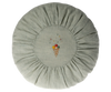 Maileg Small Round Cushion, Mint: Round light gray linen cushion with ruffled edge. Features embroidered ice cream cone with three scoops and colorful sprinkles. Filled with recycled polyester for comfort and sustainability.