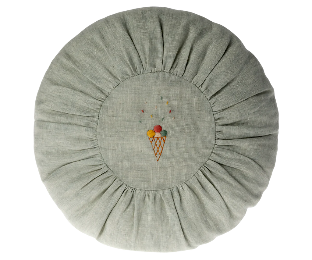 Maileg Small Round Cushion, Mint: Round light gray linen cushion with ruffled edge. Features embroidered ice cream cone with three scoops and colorful sprinkles. Filled with recycled polyester for comfort and sustainability.