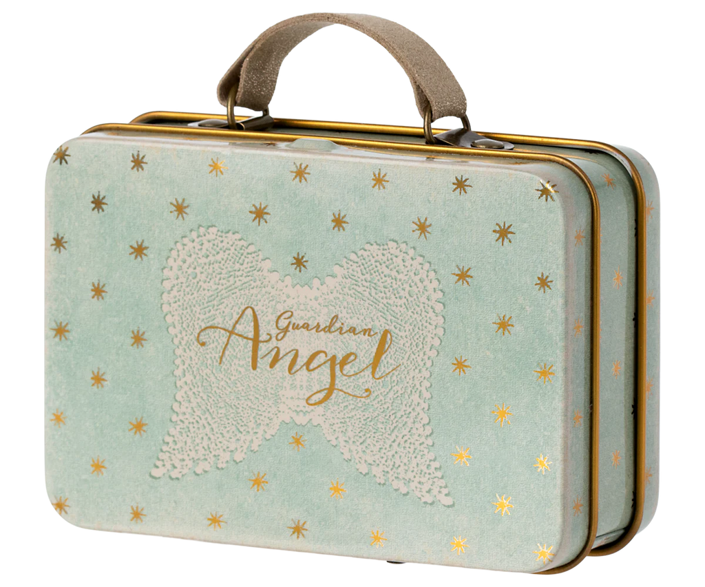 A charming Maileg Suitcase, Small in pastel green, decorated with gold stars, a white angel wings illustration, and the words “Guardian Angel” on the front. Perfect for gift storage or carrying small soft toys, it features a beige fabric handle and sturdy metal edges.