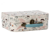 A Maileg 2 Piece Suitcase Set with scenic winter-themed prints, featuring trees and animals, each with a turquoise handle and brass latch.
